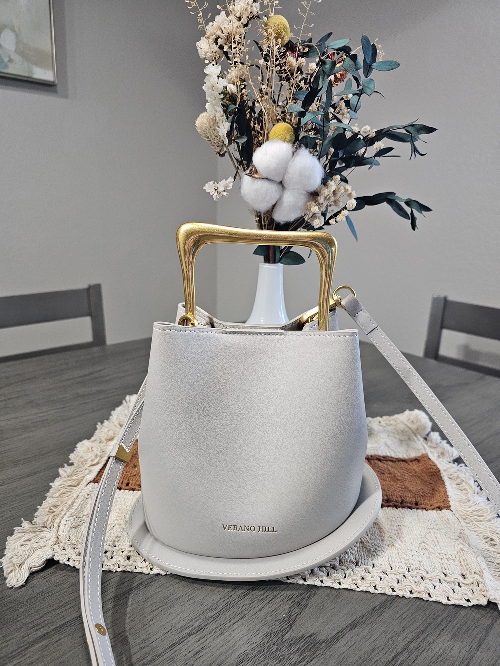 Light Grey Top-Handle Bag with Gold Accent